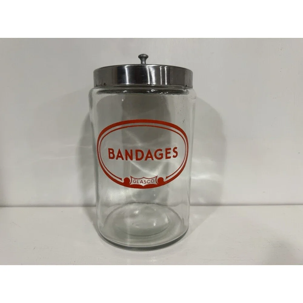 Vintage Glasco Medical Sundry Jar Bandages Apothecary Glass Canister Chrome Lid
